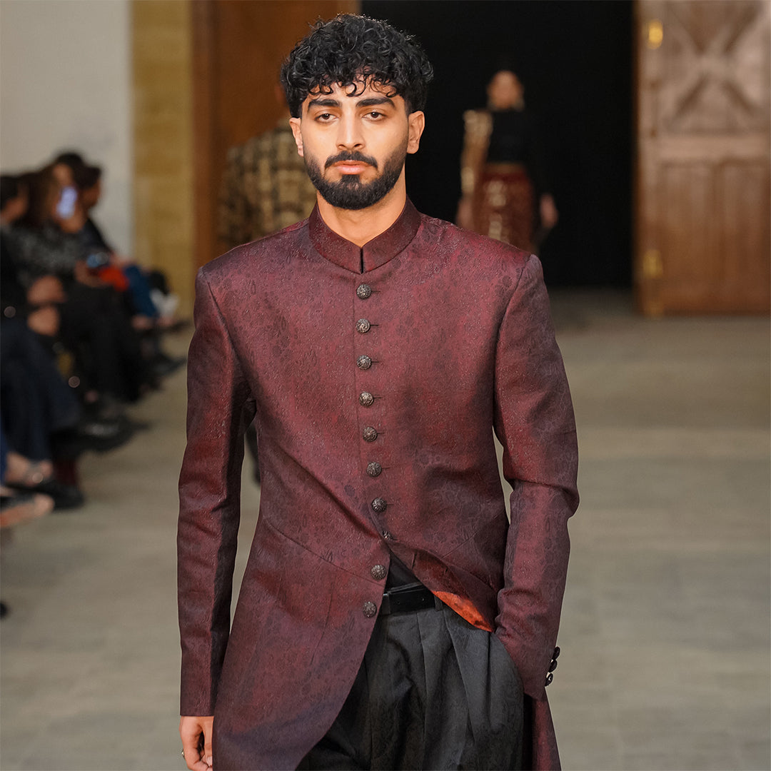 Maroon Jamawar Long Coat