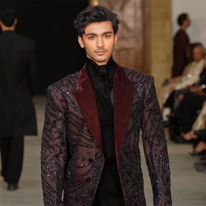 Double-Breasted Maroon Net-Embroidered Jamawar Jacket