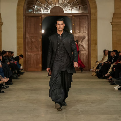 Black satin Embroidered Open-Front Sherwani