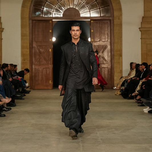 Black satin Embroidered Open-Front Sherwani