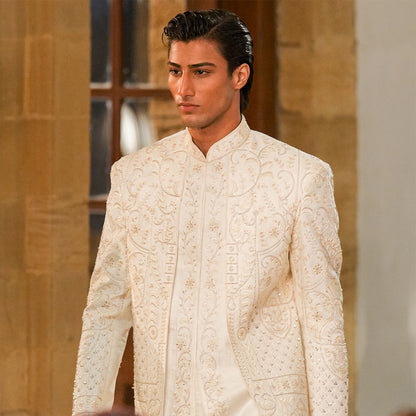 white Satin Sherwani With cut-dana Hand Embroidery