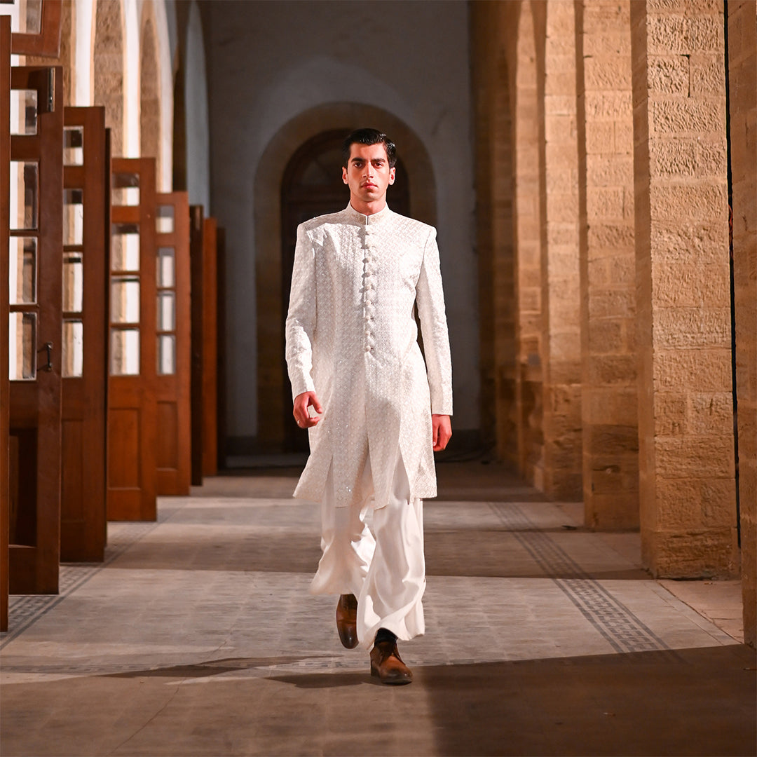 White Chiffon Open Front Kurta with embroidered neckline and buttons