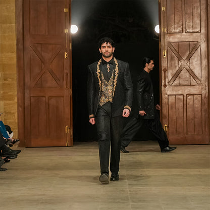 Black Zari Karandi Jamawar Coat With Hand Embroidery
