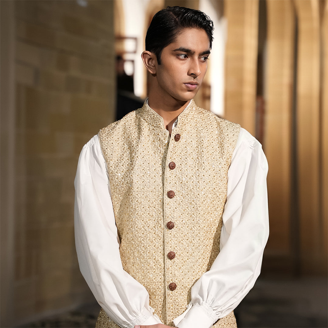 Beige Raw Silk Embroidered Waistcoat