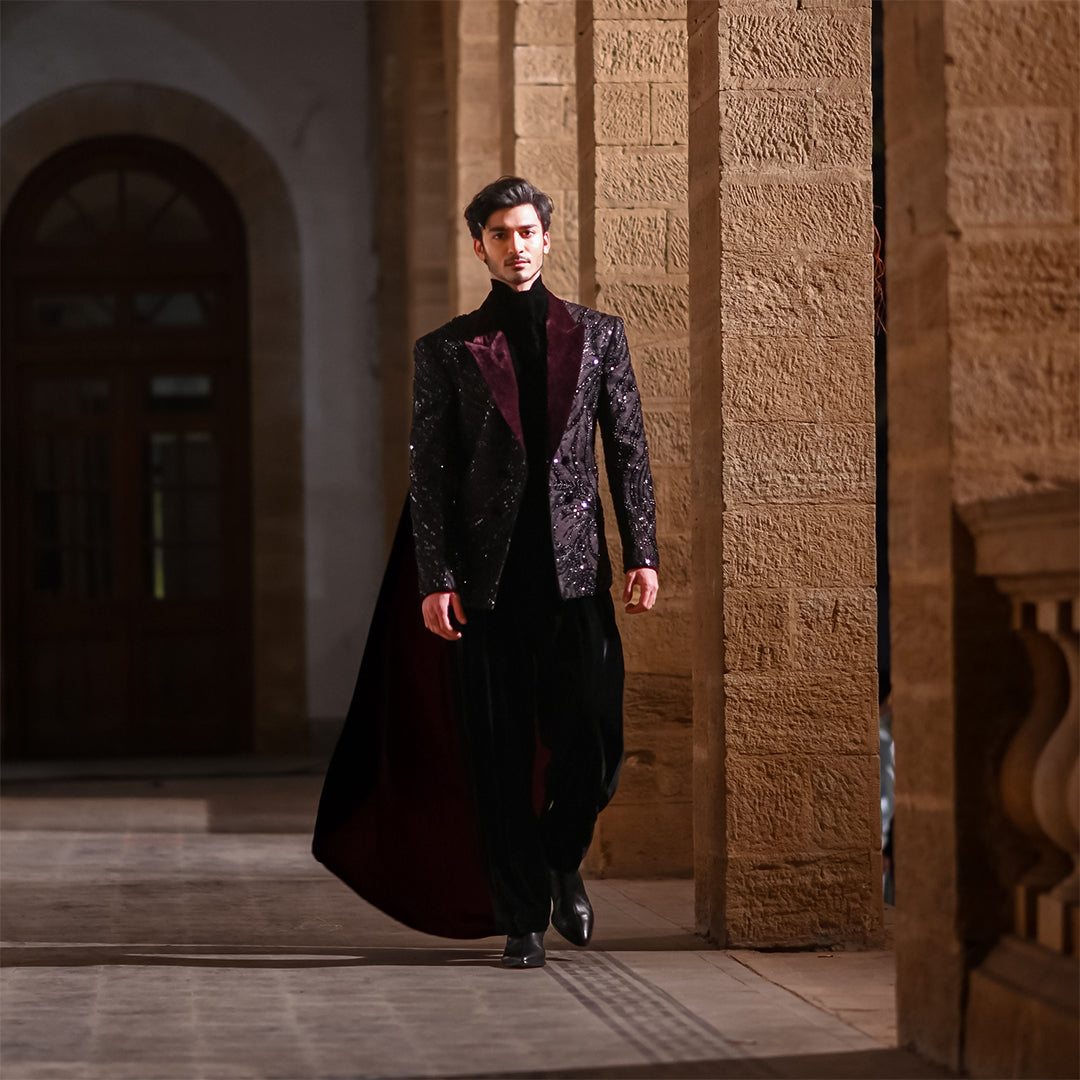 Double-Breasted Maroon Net-Embroidered Jamawar Jacket