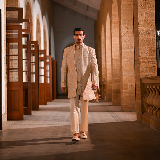Beige Raw Silk Cut dana Open-Front Sherwani