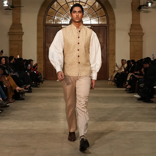 Beige Raw Silk Embroidered Waistcoat