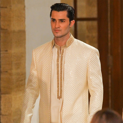 Cream Satin Silk Open Front Sherwani