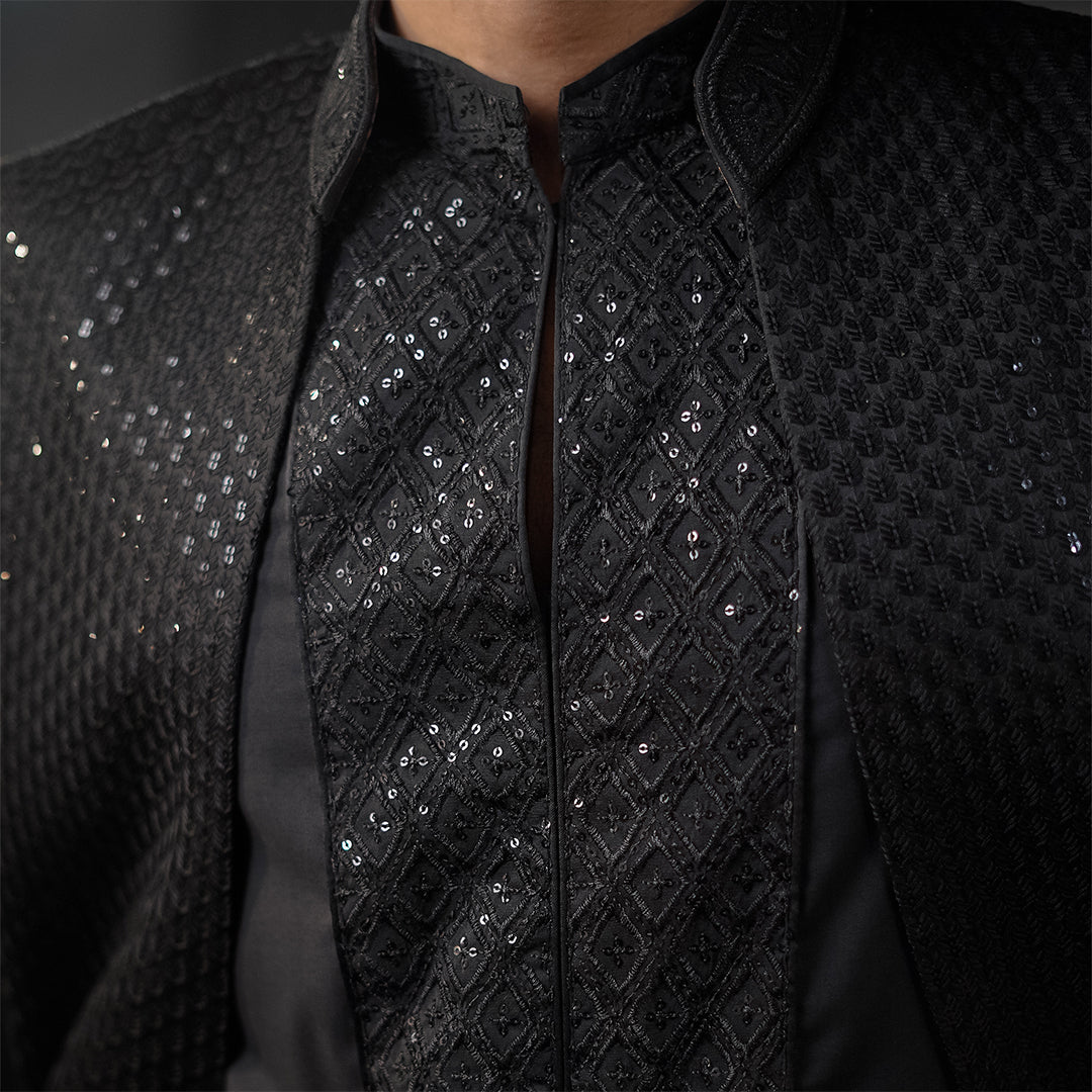 Black satin Embroidered Open-Front Sherwani
