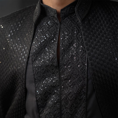 Black satin Embroidered Open-Front Sherwani
