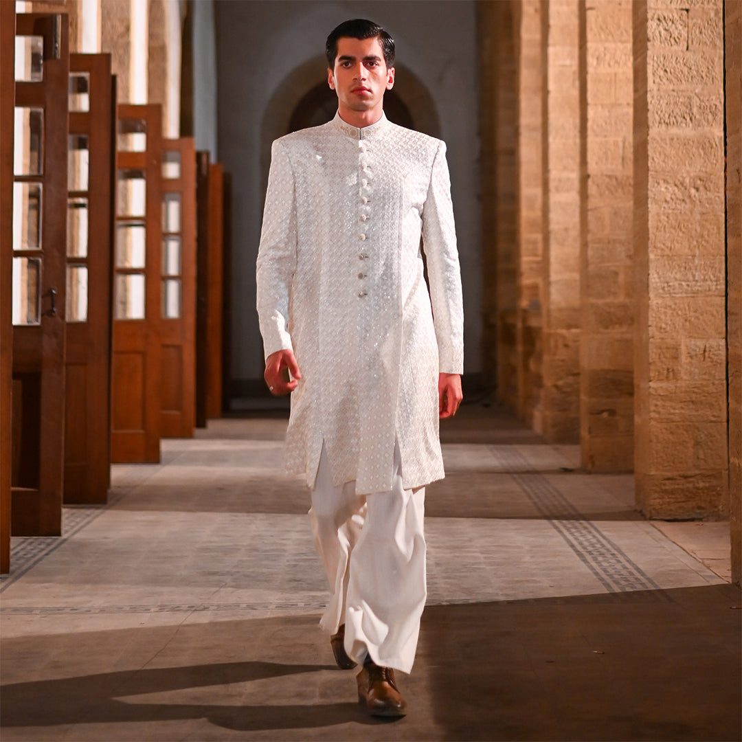 White Chiffon Open Front Kurta with embroidered neckline and buttons