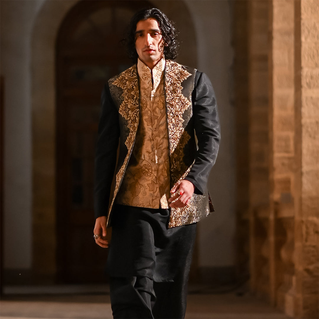 Black Jamawar Embroidered Long Waistcoat