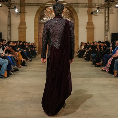 Double-Breasted Maroon Net-Embroidered Jamawar Jacket