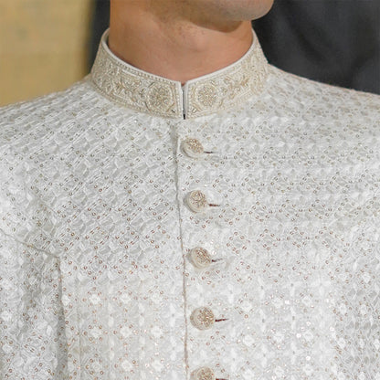 White Chiffon Open Front Kurta with embroidered neckline and buttons