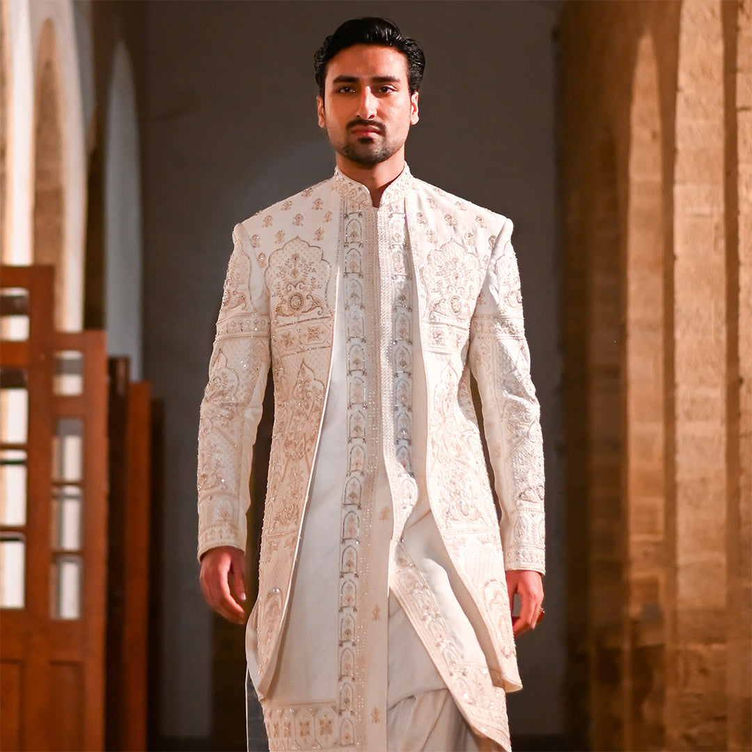 Off-white Square-Cut panel Satin Sherwani