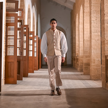 Beige Raw Silk Embroidered Waistcoat