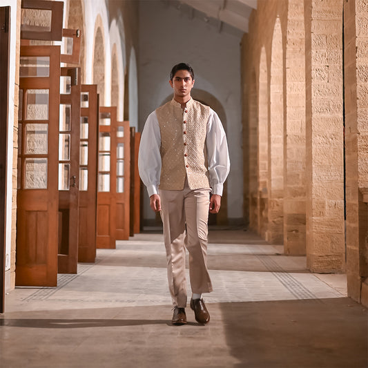 Beige Raw Silk Embroidered Waistcoat