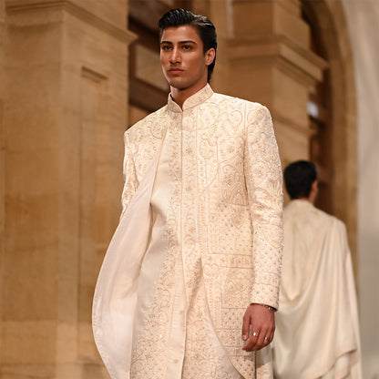 white Satin Sherwani With cut-dana Hand Embroidery