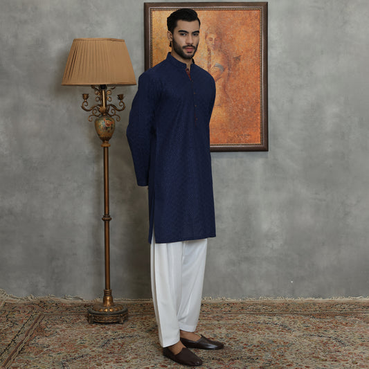 SLIM FIT NAVY COTTON KURTA