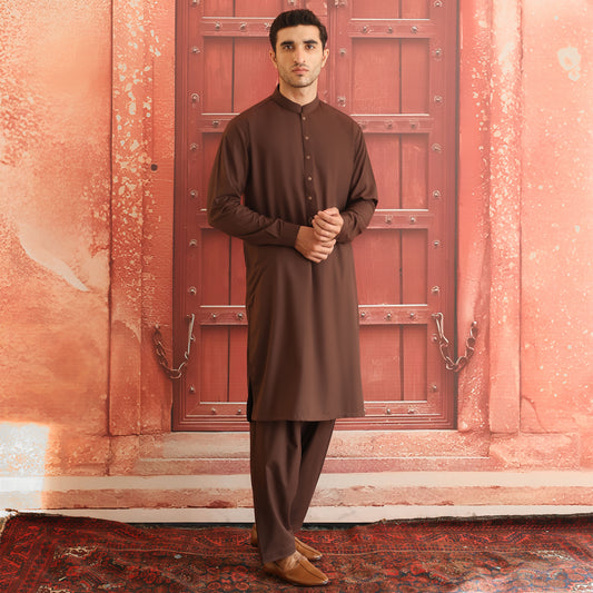 POLY VISCOSE BROWN CLASSIC FIT PLAIN SUIT