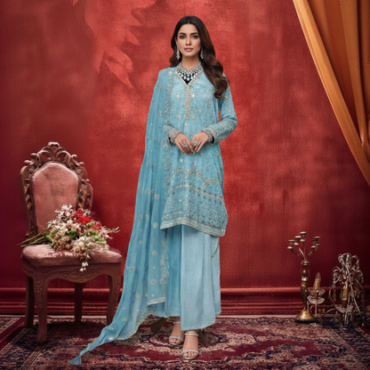 Aqua Blue Chiffon 3 Pc Dress