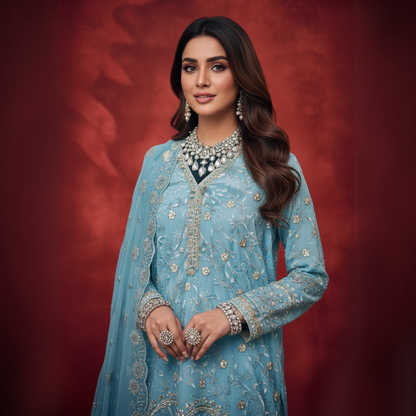 Aqua Blue Chiffon 3 Pc Dress