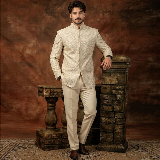 Beige Raw Silk Cut Dana Emb 2 Pc Set