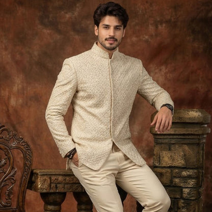 Beige Raw Silk Cut Dana Emb 2 Pc Set