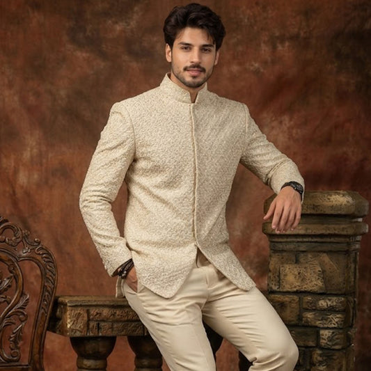 Beige Raw Silk Cut Dana Emb 2 Pc Set