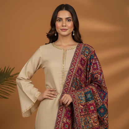 Beige Raw Silk Dress with Emb Shawl