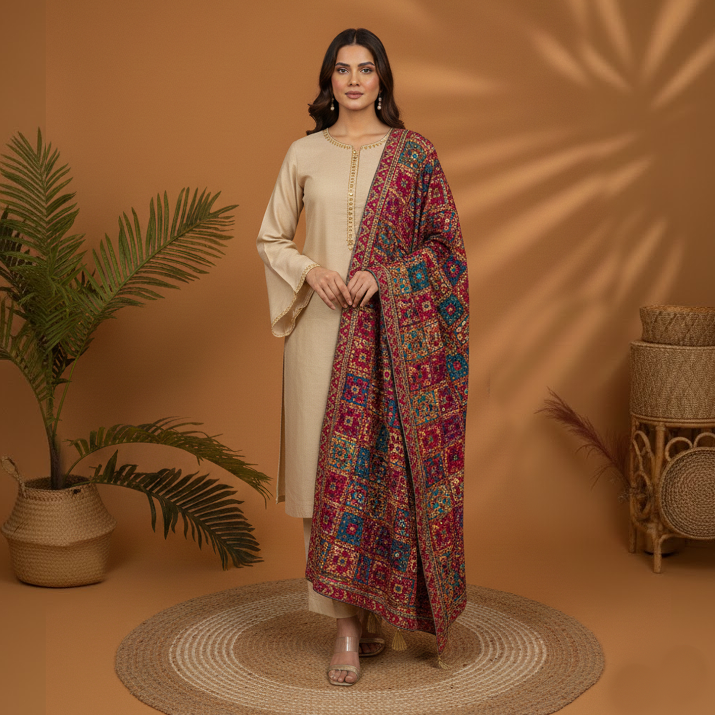 Beige Raw Silk Dress with Emb Shawl