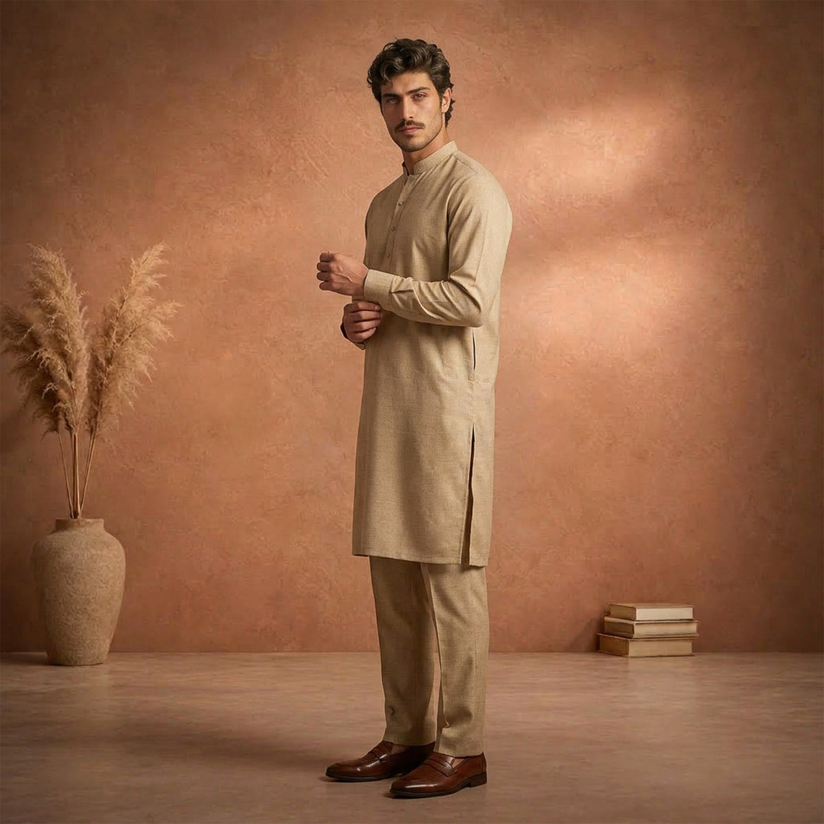 Beige Raw Silk Plain Kurta Pajama