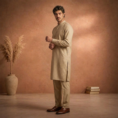 Beige Raw Silk Plain Kurta Pajama