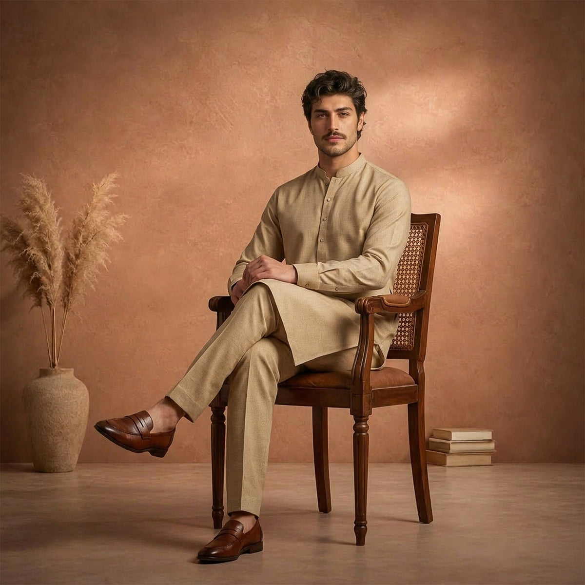 Beige Raw Silk Plain Kurta Pajama