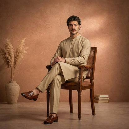 Beige Raw Silk Plain Kurta Pajama