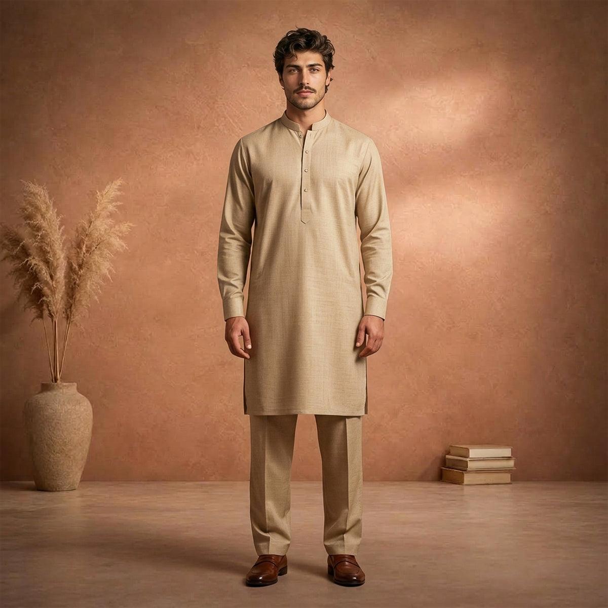 Beige Raw Silk Plain Kurta Pajama