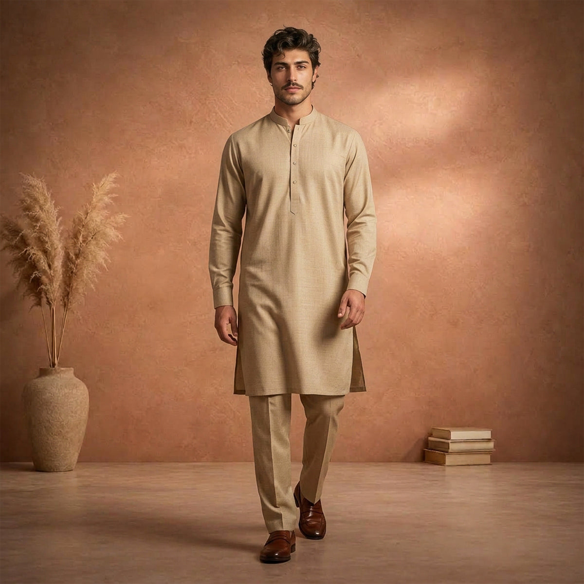 Beige Raw Silk Plain Kurta Pajama
