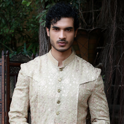 Beige Sherwani Style Front Open Kurta Set
