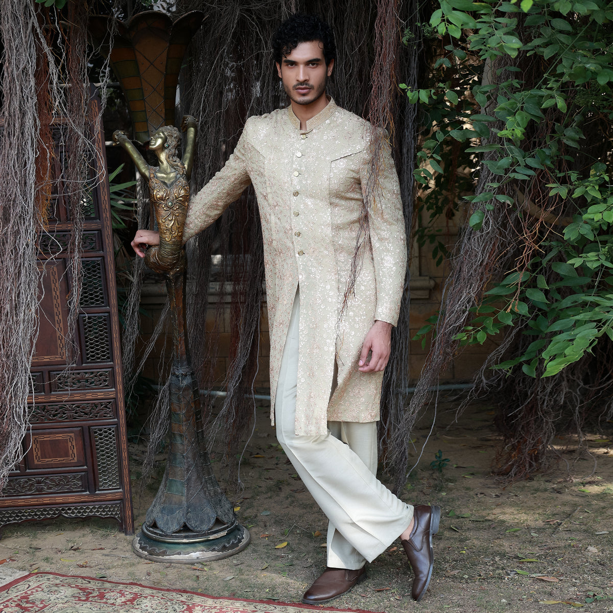 Beige Sherwani Style Front Open Kurta Set