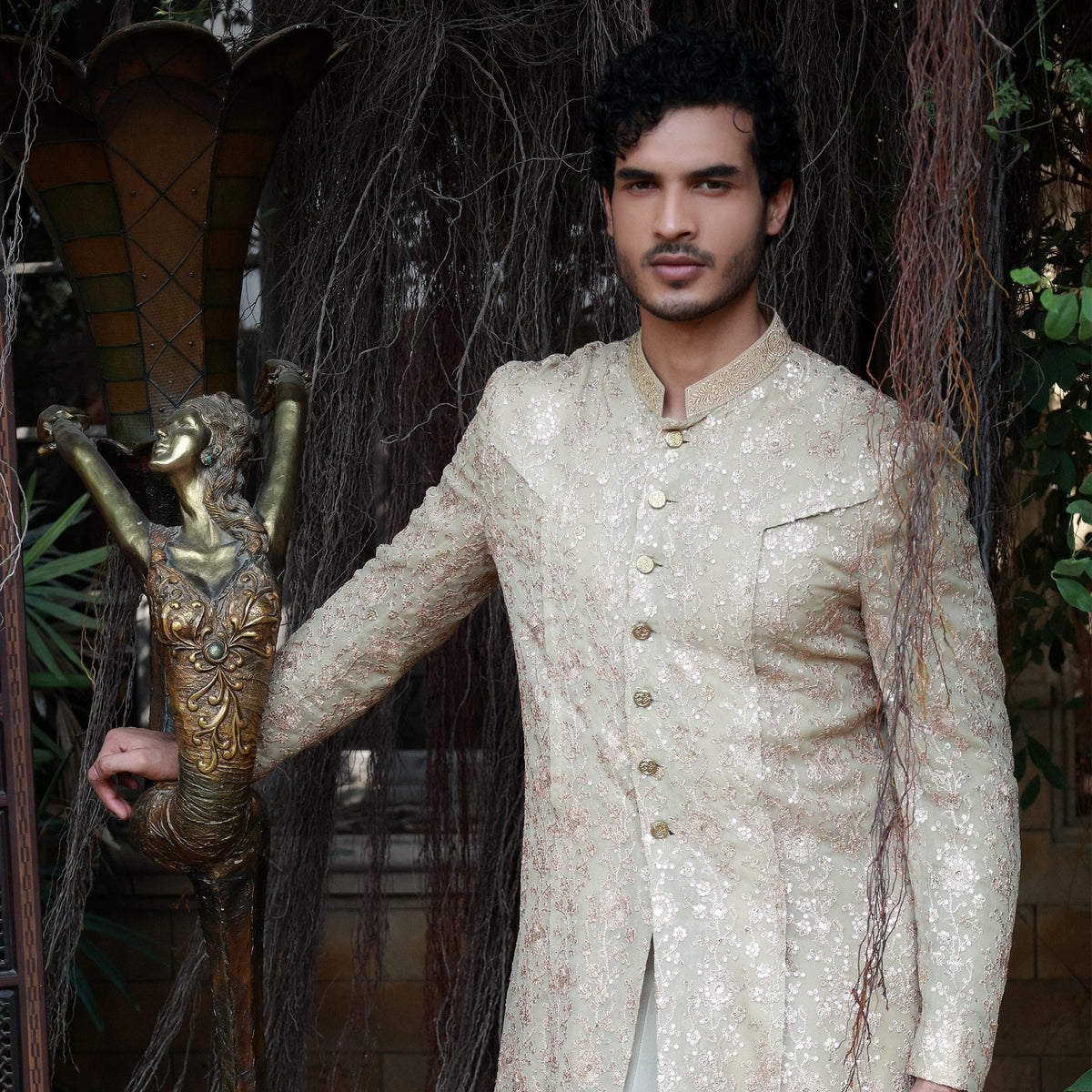 Beige Sherwani Style Front Open Kurta Set