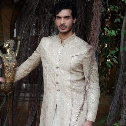 Beige Sherwani Style Front Open Kurta Set