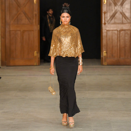 Big Drop Sequin Poncho Over Black Dress