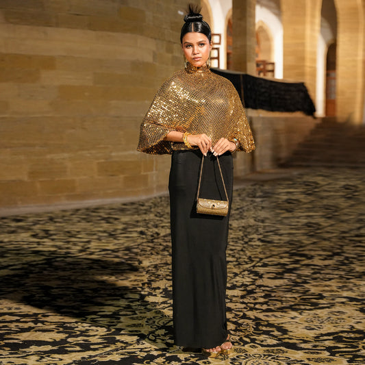 Big Drop Sequin Poncho Over Black Dress