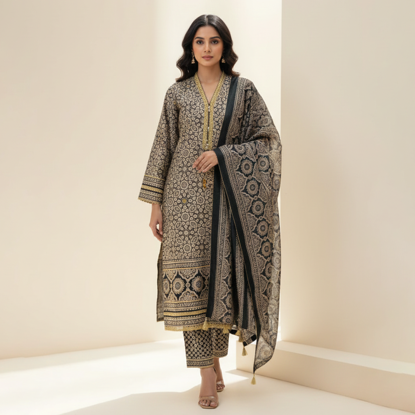 Black Ajrak Print Silk 3 Pc Dress