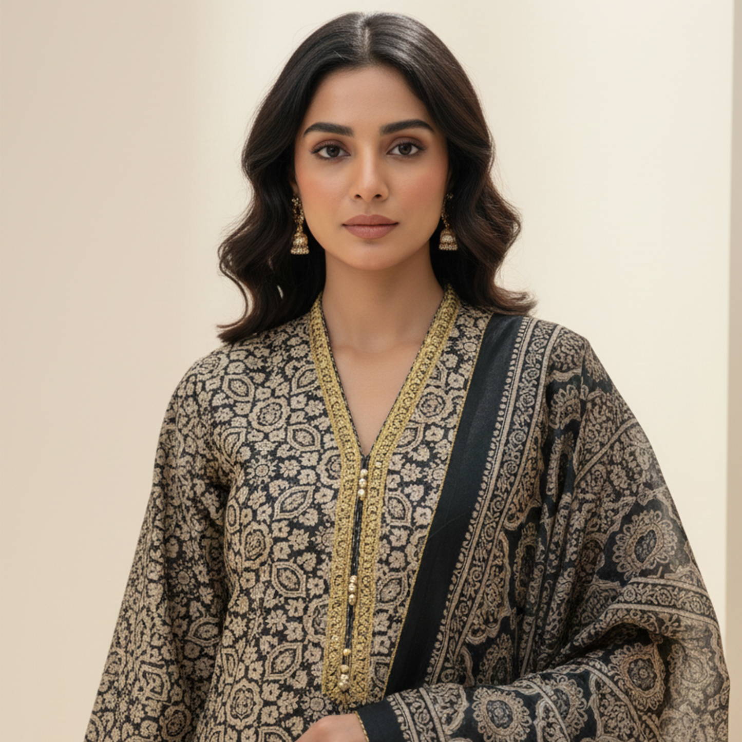 Black Ajrak Print Silk 3 Pc Dress