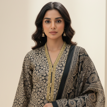 Black Ajrak Print Silk 3 Pc Dress