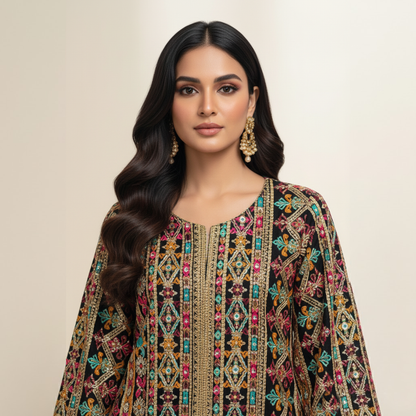Black Open-Front Emb Chiffon Jacket 2 Pc