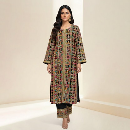 Black Open-Front Emb Chiffon Jacket 2 Pc
