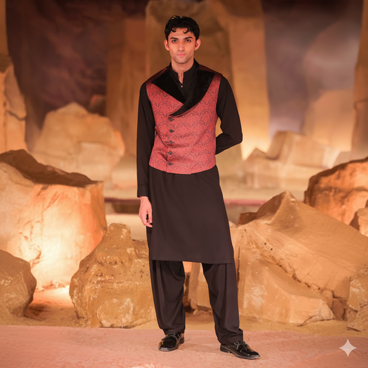 Black PV Kameez Shalwar with Red Printed Silk Waistcoat