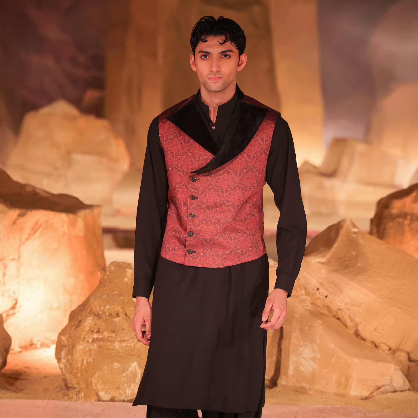 Black PV Kameez Shalwar with Red Printed Silk Waistcoat